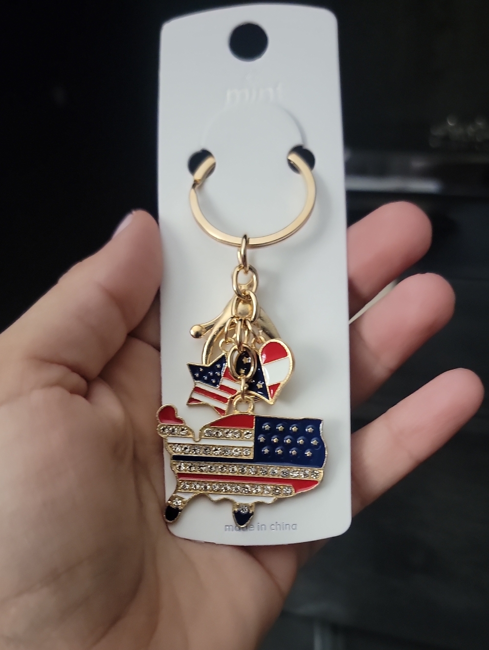 Gold-Tone American Flag Charm Keychain - Navy Blue, Red, White